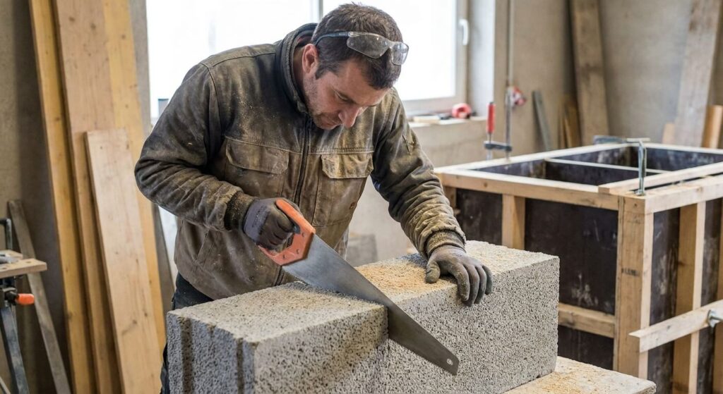 Artisan découpant un carreau de béton cellulaire (Siporex) à l'aide d'une scie égoïne pour réaliser un coffrage