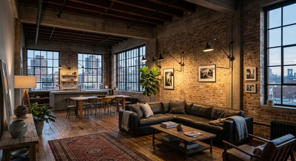 Salon spacieux de type loft éclairé par des appliques murales articulées pour un design intérieur moderne et brut.