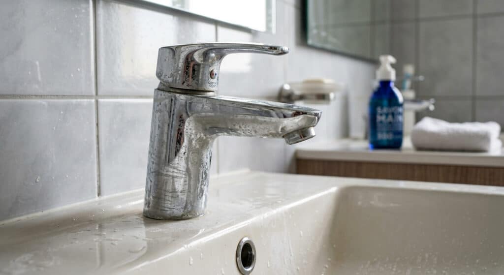 Mitigeur de salle de bain en chrome présentant des traînées blanches mates suite à l'application d'un produit acide.