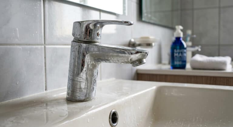 Mitigeur de salle de bain en chrome présentant des traînées blanches mates suite à l'application d'un produit acide.