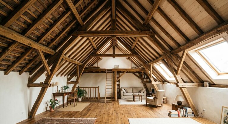 Charpente traditionnelle en bois sans entrait bas, libérant l'espace pour des combles aménagés.