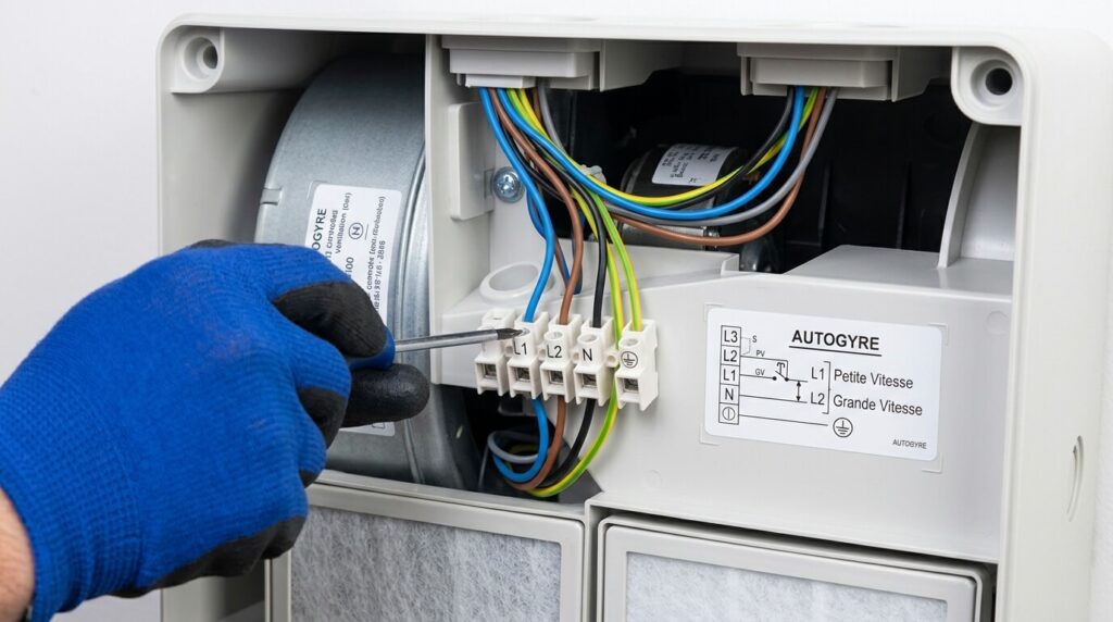 Raccordement des fils électriques sur le bornier interne d'un caisson de VMC Autogyre.