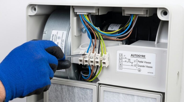 Accueil 1 Raccordement des fils électriques sur le bornier interne d'un caisson de VMC Autogyre.