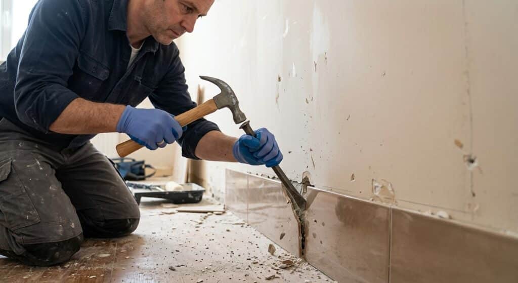Utilisation d'un ciseau à brique et d'un marteau pour décoller une plinthe en carrelage d'un mur en plaque de plâtre.