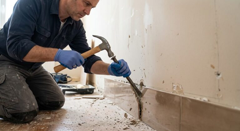 Utilisation d'un ciseau à brique et d'un marteau pour décoller une plinthe en carrelage d'un mur en plaque de plâtre.
