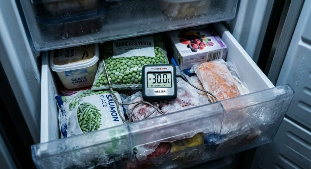 Mon congélateur est à moins 30, quels risques ? 2 Thermomètre de cuisine indiquant une température interne de moins 30 degrés à l'intérieur d'un tiroir de congélation.