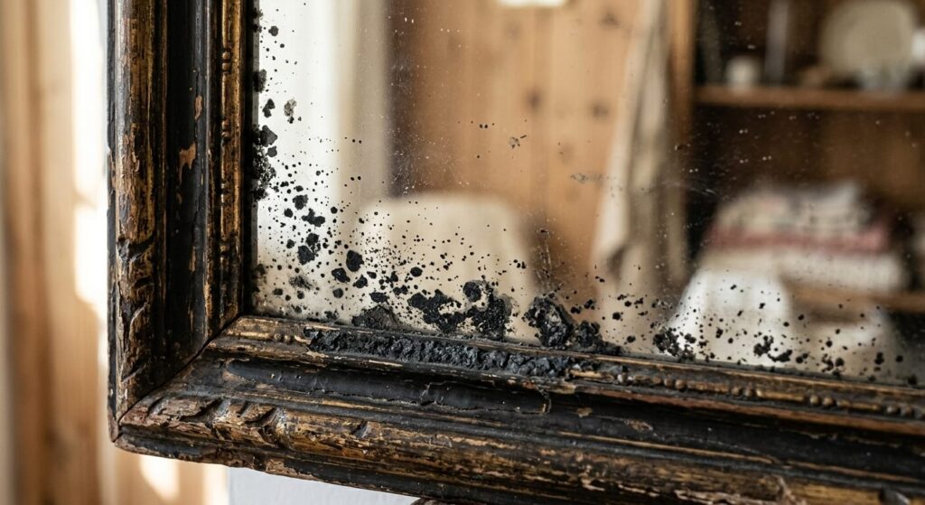 Gros plan sur les taches noires caractéristiques de l'oxydation sur les bords d'un miroir ancien.