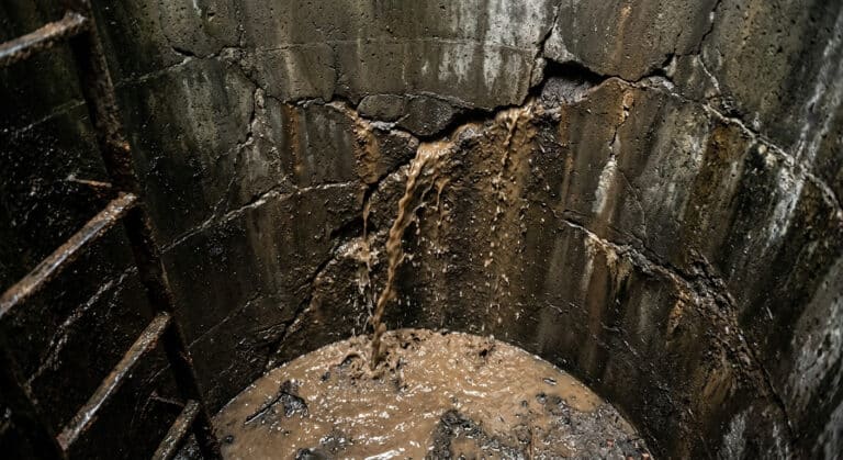Accueil 2 Infiltration d'eau terreuse à travers les fissures intérieures d'un regard de visite en béton de récupération des eaux.