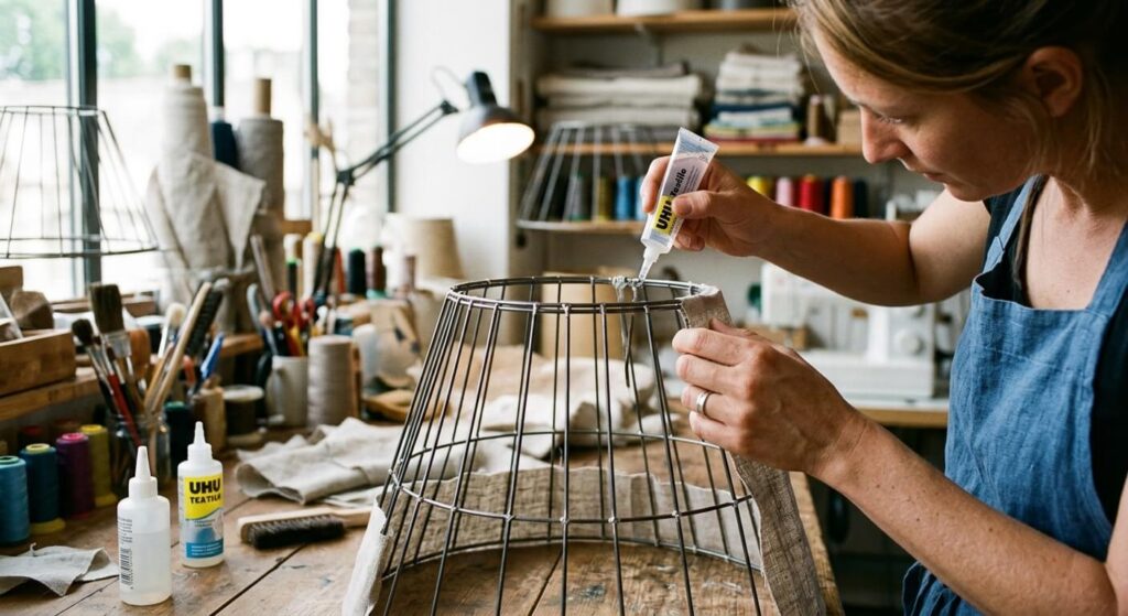 Comment faire un abat-jour en tissu sans polyphane ? 3 Application de colle à tissu transparente sur les bagues d'une carcasse d'abat-jour.