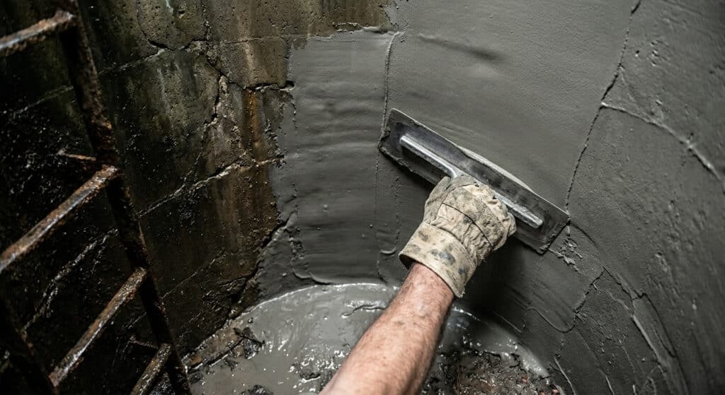 Application à la truelle d'un enduit de cuvelage étanche gris sur les parois en ciment d'un regard.