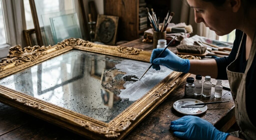 Restauration du tain d'une glace à l'aide d'une peinture à base de pigments d'argent métallisés.