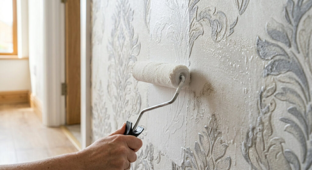Application au rouleau d'une sous-couche blanche spéciale sur un revêtement mural à motifs