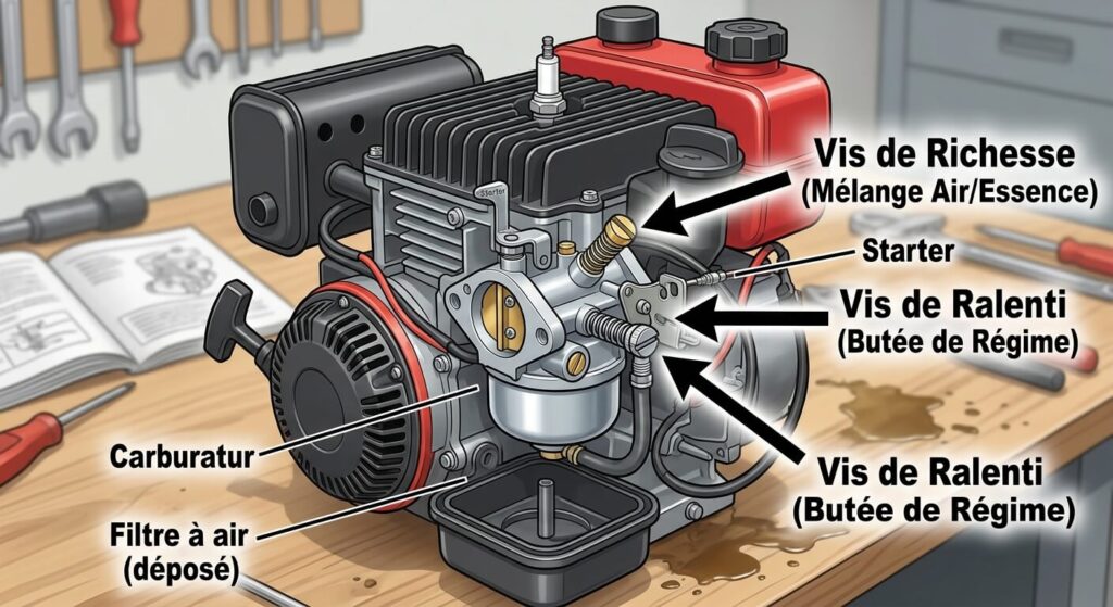 Localisation de la vis de richesse et de la vis de ralenti sur un moteur de tondeuse.