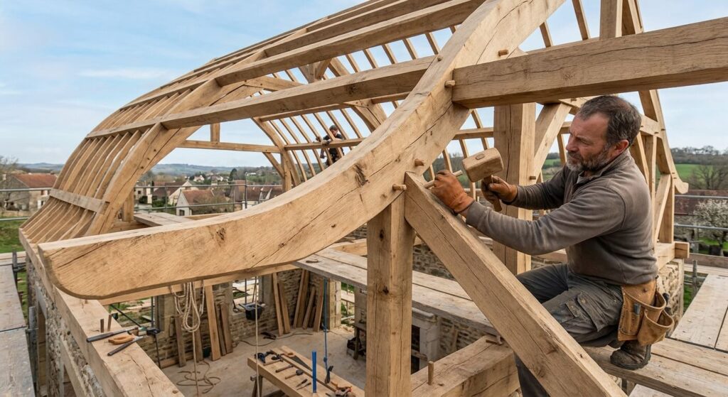 Charpente sans entrait : avantages, solutions techniques et ce qu'il faut savoir avant de se lancer 3 Assemblage des arbalétriers et des fiches sur une charpente en bois de type mansard ou berceau.