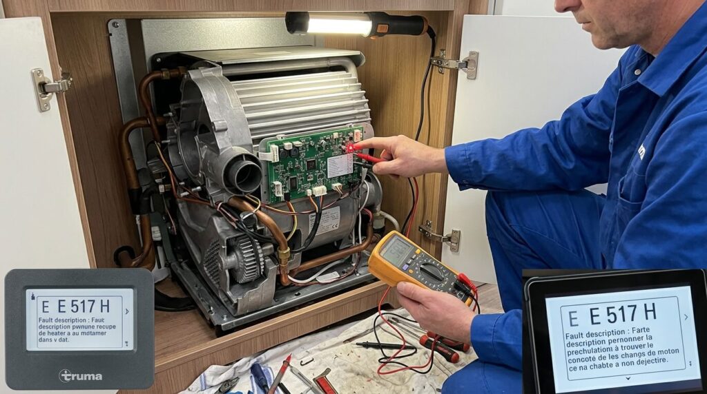 Inspection du compartiment technique du chauffe-eau Truma pour identifier un code erreur.