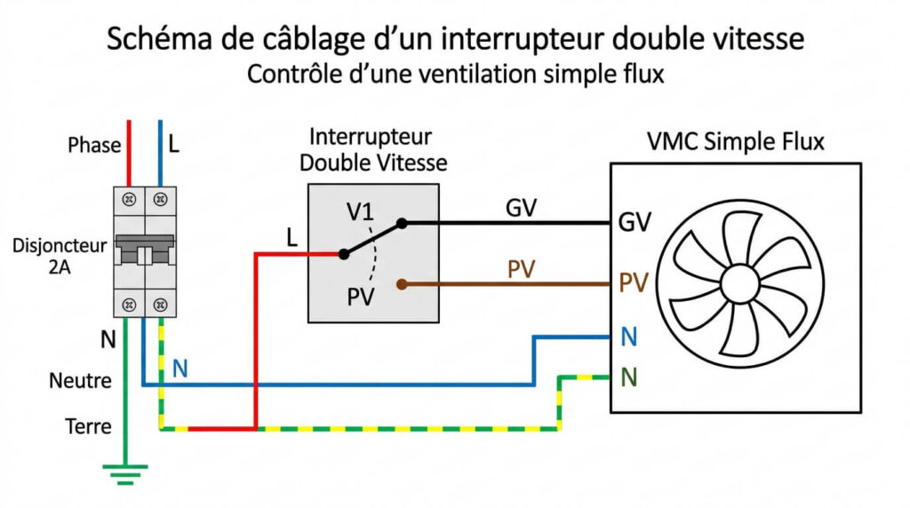 Schéma de câblage d'un interrupteur double vitesse pour le contrôle d'une ventilation simple flux.
