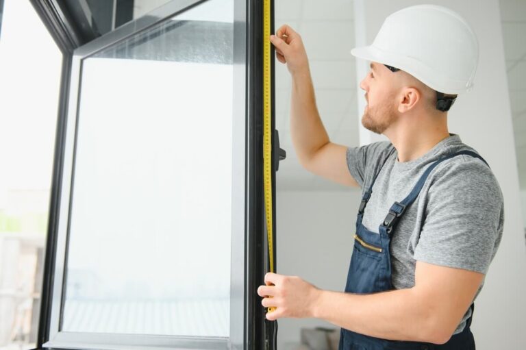 Un artisan vitrier mesurant ou posant un nouveau vitrage isolant pour sécuriser un logement.