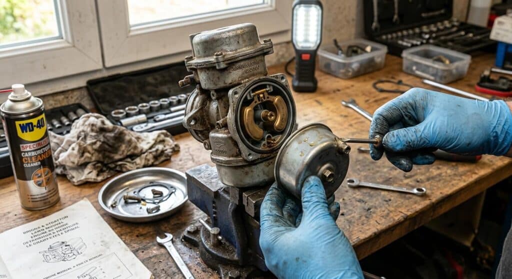 Dépose de la cuve d'un carburateur Briggs & Stratton pour nettoyage du gicleur.