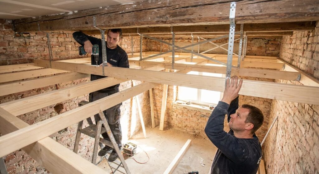 Pose d'une ossature en bois avec des suspentes pour la création d'un faux plafond