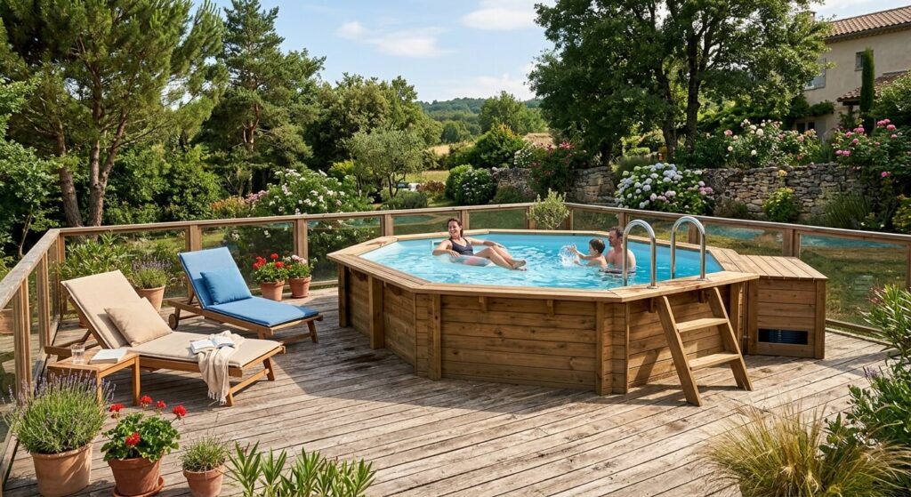 Une piscine hors-sol en bois massif installée sur une terrasse, offrant un aspect naturel et durable.