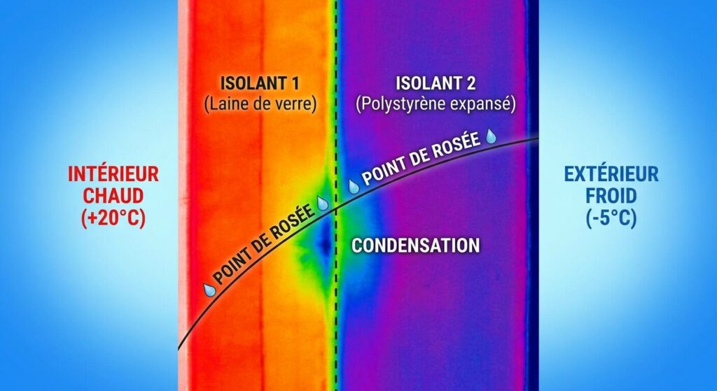 Schéma thermographique illustrant le risque de condensation (point de rosée) entre deux isolants de nature différente