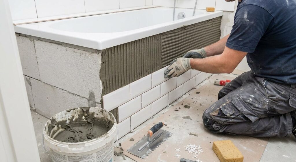 Pose de carreaux de faïence murale avec du mortier colle sur un tablier de baignoire en béton cellulaire brut