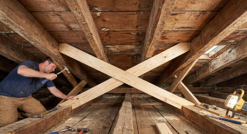 Vue par en dessous d'un plancher en bois montrant l'installation de nouvelles entretoises croisées