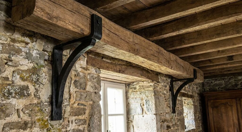 Poutre muralière en bois soutenue par de robustes corbeaux métalliques maçonnés dans un vieux mur en pierre