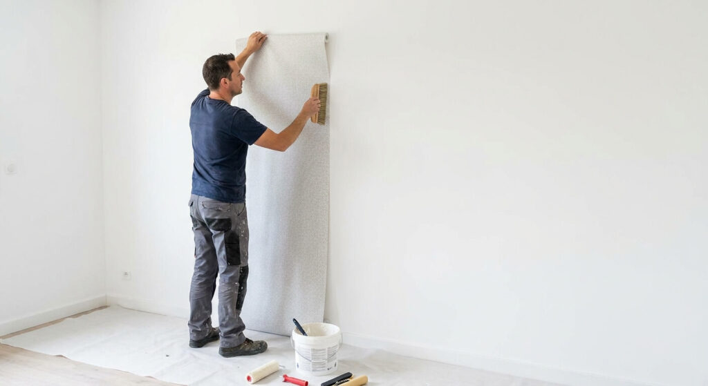 Pose d'un lé de papier peint intissé sur un mur préalablement lissé et préparé