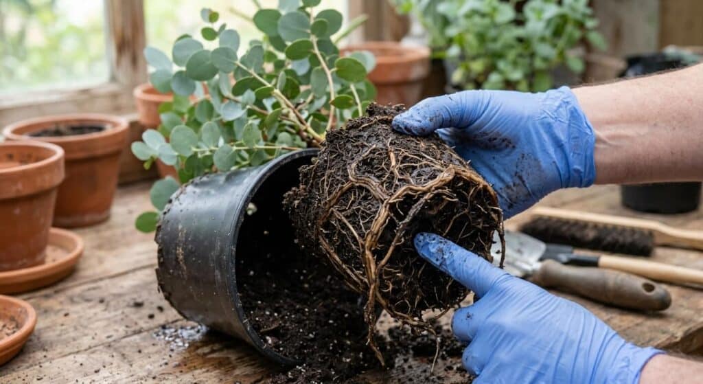 Examen des racines d'un eucalyptus en pot montrant des signes d'excès d'eau.