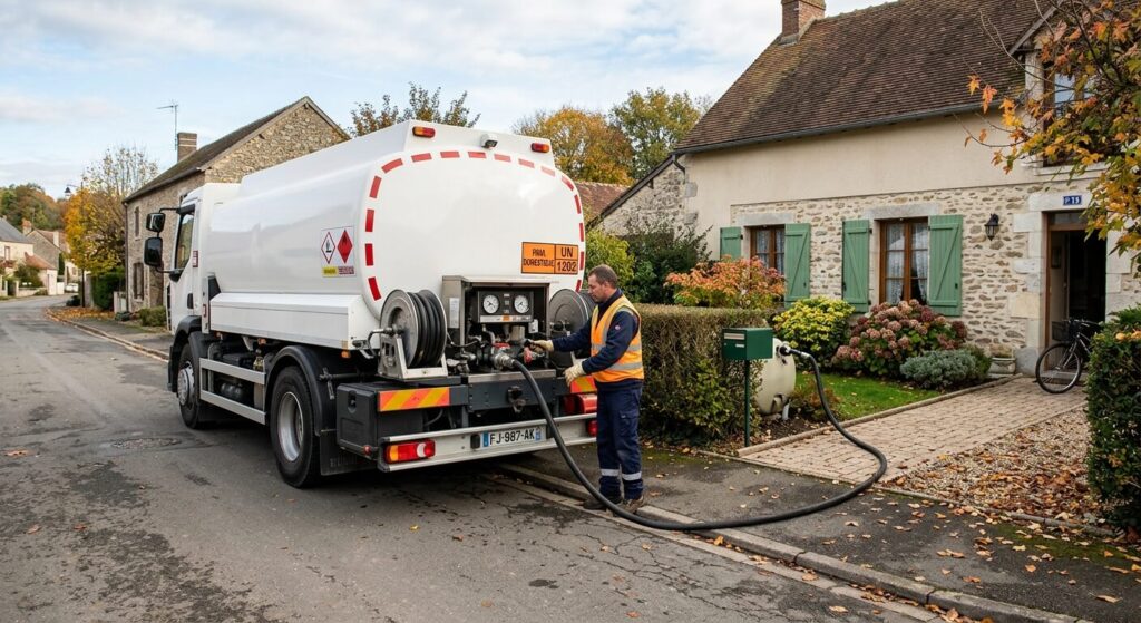 Livraison de fioul domestique par camion-citerne pour anticiper la saison de chauffe hivernale.