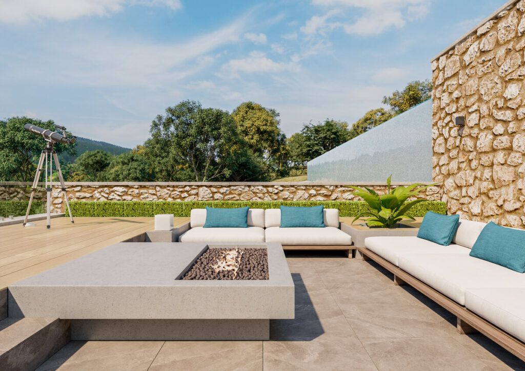 Quel matériau choisir pour une terrasse extérieure : bois, pierre ou carrelage ? 3 Une terrasse de jardin aménagée avec des dalles de pierre naturelle de travertin en pose opus.