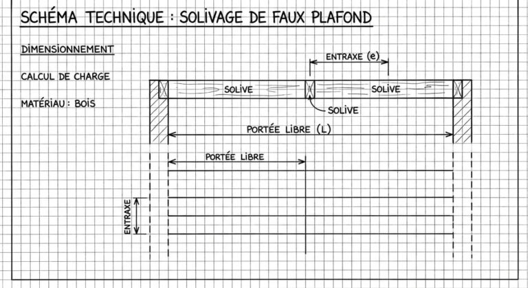 Accueil 1 Schéma technique montrant la portée libre et l'entraxe pour le calcul d'un solivage de faux plafond