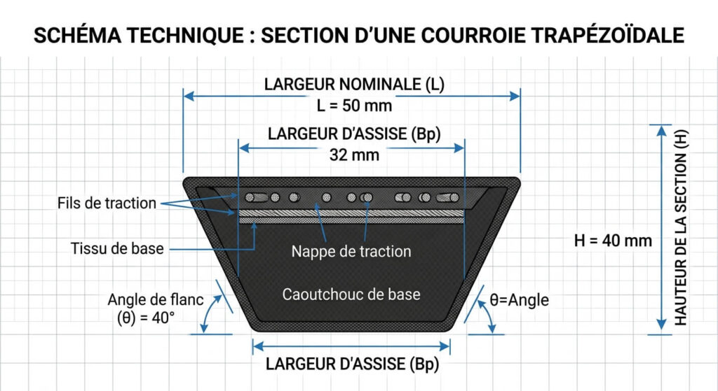 Schéma technique montrant la largeur et la hauteur de la section d'une courroie en forme de trapèze.