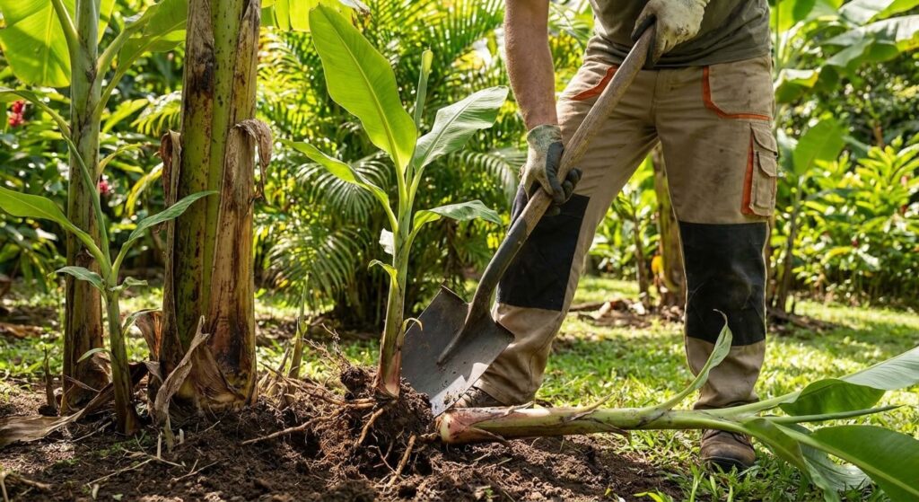 Jardinier utilisant une bêche tranchante pour séparer le rhizome d'un rejet de bananier