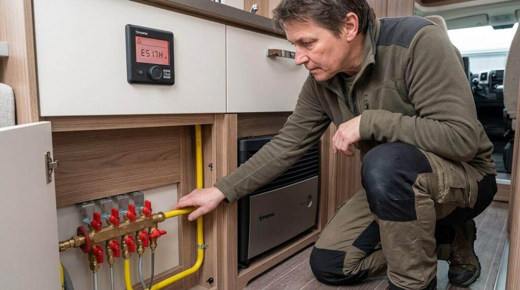 Un utilisateur vérifiant l'ouverture des vannes de gaz dans un camping-car pour résoudre une panne Truma.