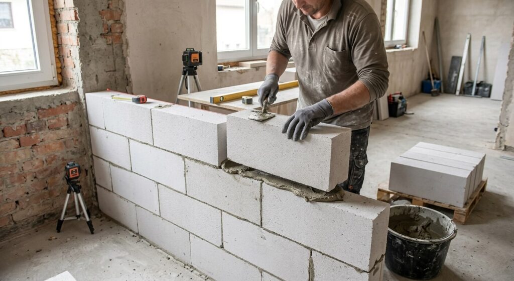 Les performances d'une isolation en béton cellulaire de 10 cm 2 Pose de blocs de béton cellulaire de 10 cm d'épaisseur collés au mortier-colle dans une maison.