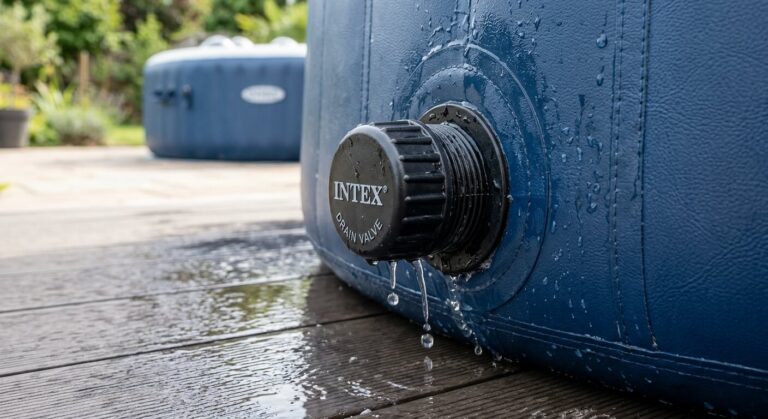 Gros plan sur le bouchon de vidange d'un spa gonflable Intex présentant un suintement d'eau.