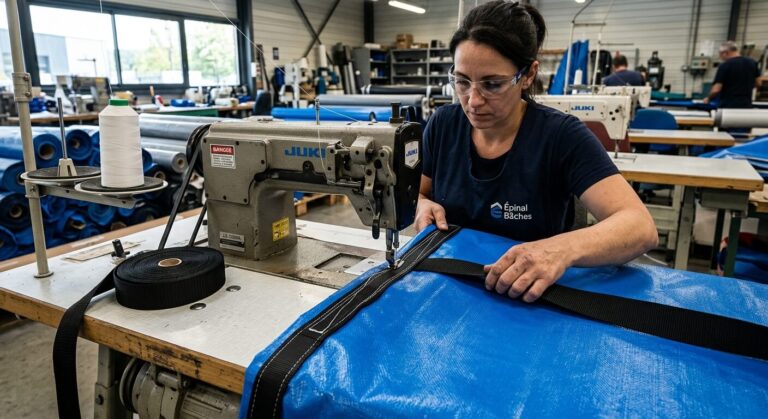 Machine à coudre industrielle assemblant un ourlet de renfort sur une bâche de piscine bleue.