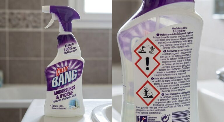 Accueil 2 Flacon pulvérisateur de nettoyant anti-moisissures Cillit Bang avec les pictogrammes de sécurité visibles.