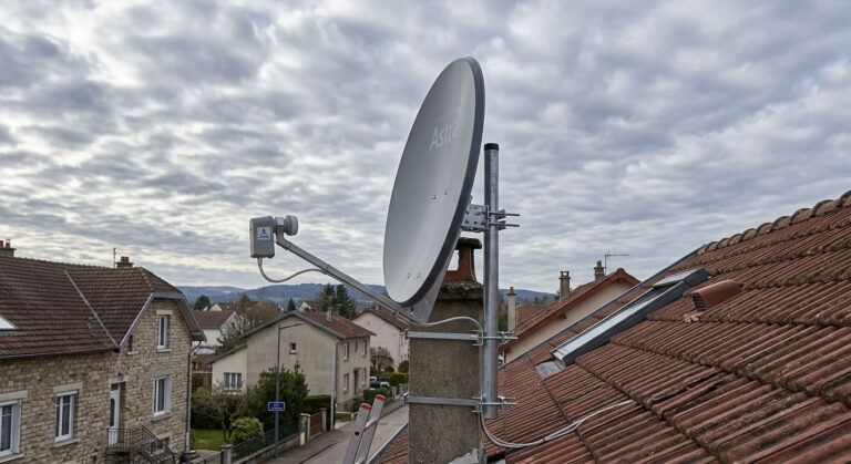 Parabole de télévision installée sur un toit orientée vers le satellite Astra sous un ciel nuageux.