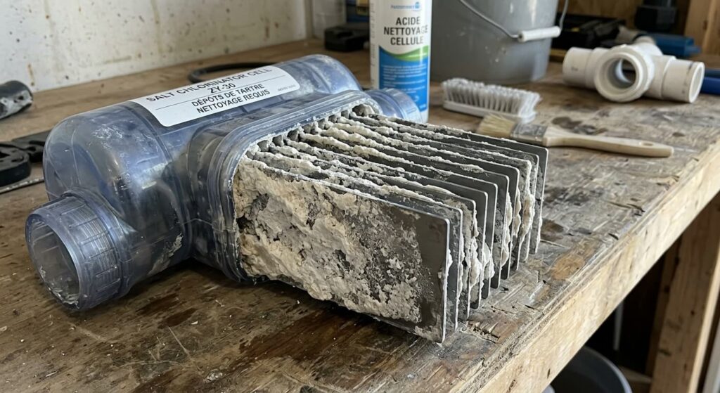 Cellule d'électrolyseur au sel de piscine présentant de lourds dépôts de tartre blanc sur les plaques en titane.