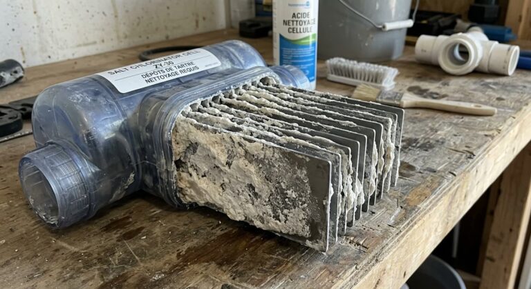 Accueil 1 Cellule d'électrolyseur au sel de piscine présentant de lourds dépôts de tartre blanc sur les plaques en titane.