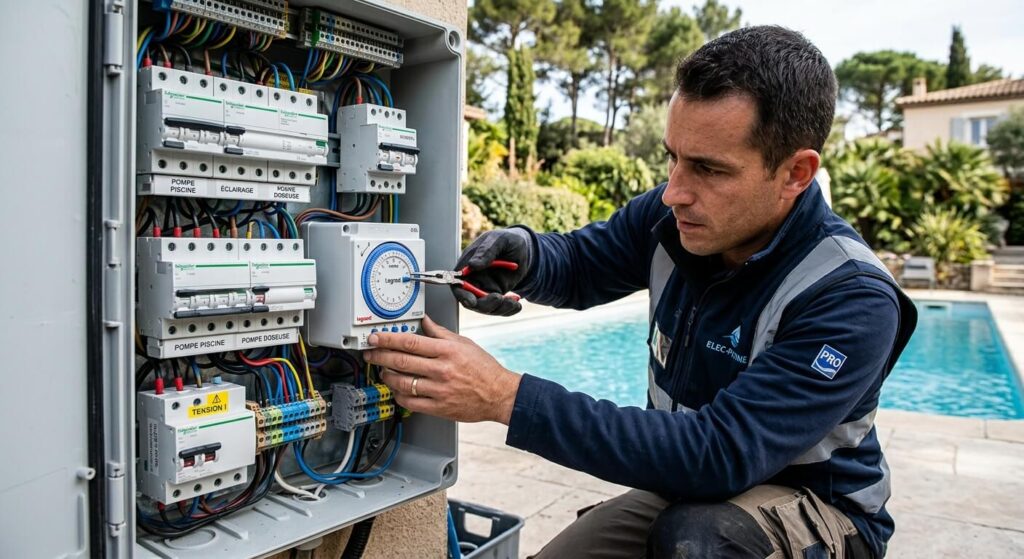 Un électricien ajustant les picots de programmation d'une horloge analogique dans un coffret électrique de piscine.