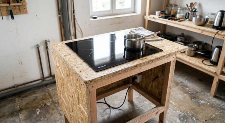 Accueil 1 Une plaque de cuisson à induction encastrée dans un meuble caisson temporaire sans grand plan de travail filant.