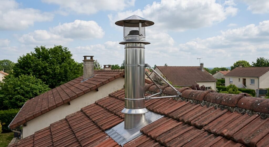 Vue d'un conduit de cheminée en inox sortant du toit, coiffé d'un chapeau de protection anti-pluie conforme.
