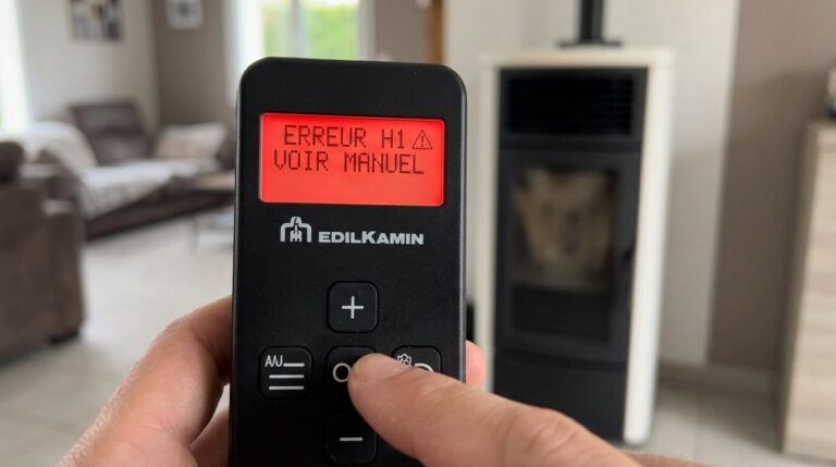 L'écran d'une télécommande de poêle à granulés Edilkamin qui reste éteint ou affiche un message d'erreur.