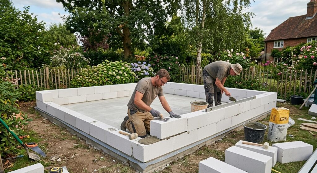 Abri de jardin en béton cellulaire : avantages, pose et finitions 2 Montage des premiers rangs de blocs de béton cellulaire Siporex pour la création d'une cabane de jardin solide.