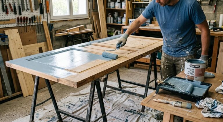 Accueil 1 Une porte en bois posée à plat sur des tréteaux en cours de mise en peinture au rouleau.