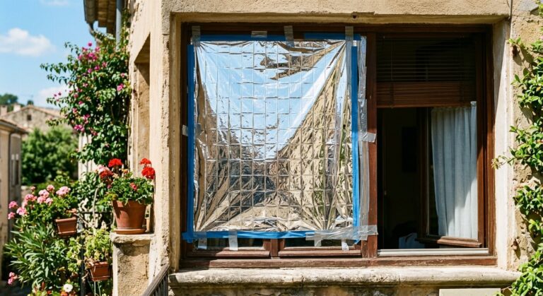 Une couverture de survie argentée fixée sur le vitrage d'une fenêtre pour bloquer les rayons du soleil en été.